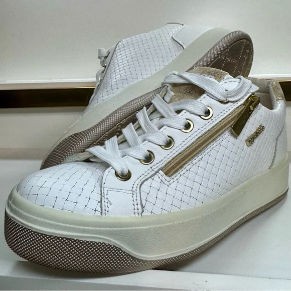 Igi & Co White Woven Leather Platform Sneakers Zip Side Gold Accents Sz Womens 7 - Picture 16 of 16